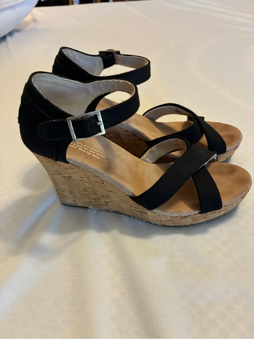 Toms Black Cork Wedge Sandals with Ankle Buckle